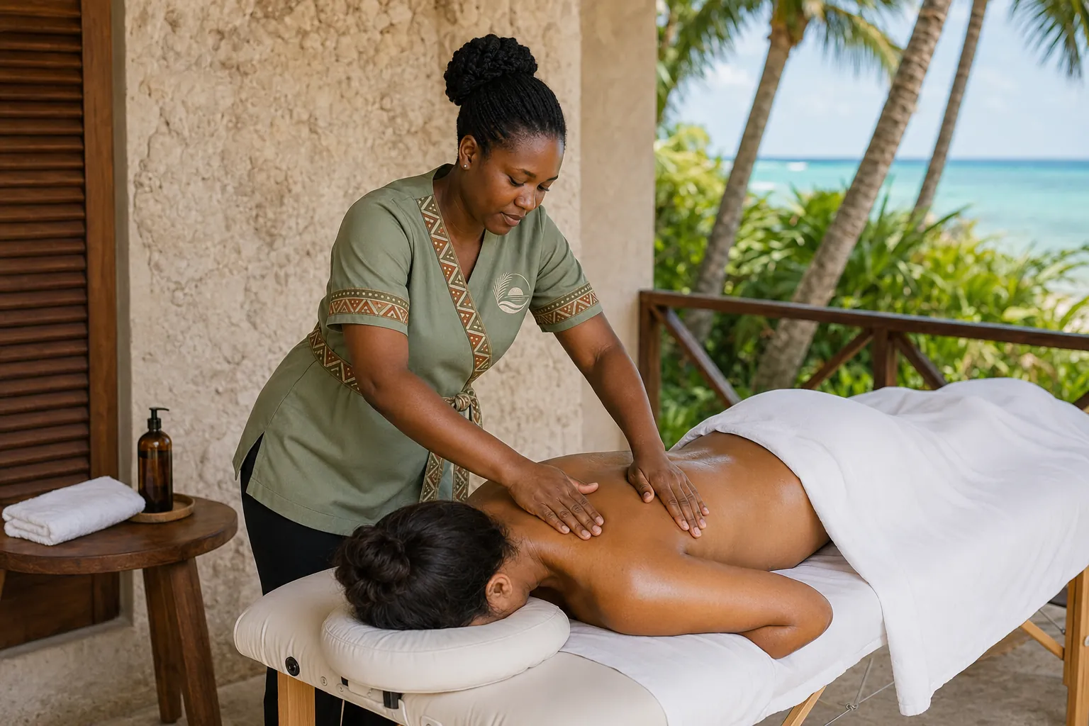 Massage treatment on a private villa terrace with ocean view in Diani Beach