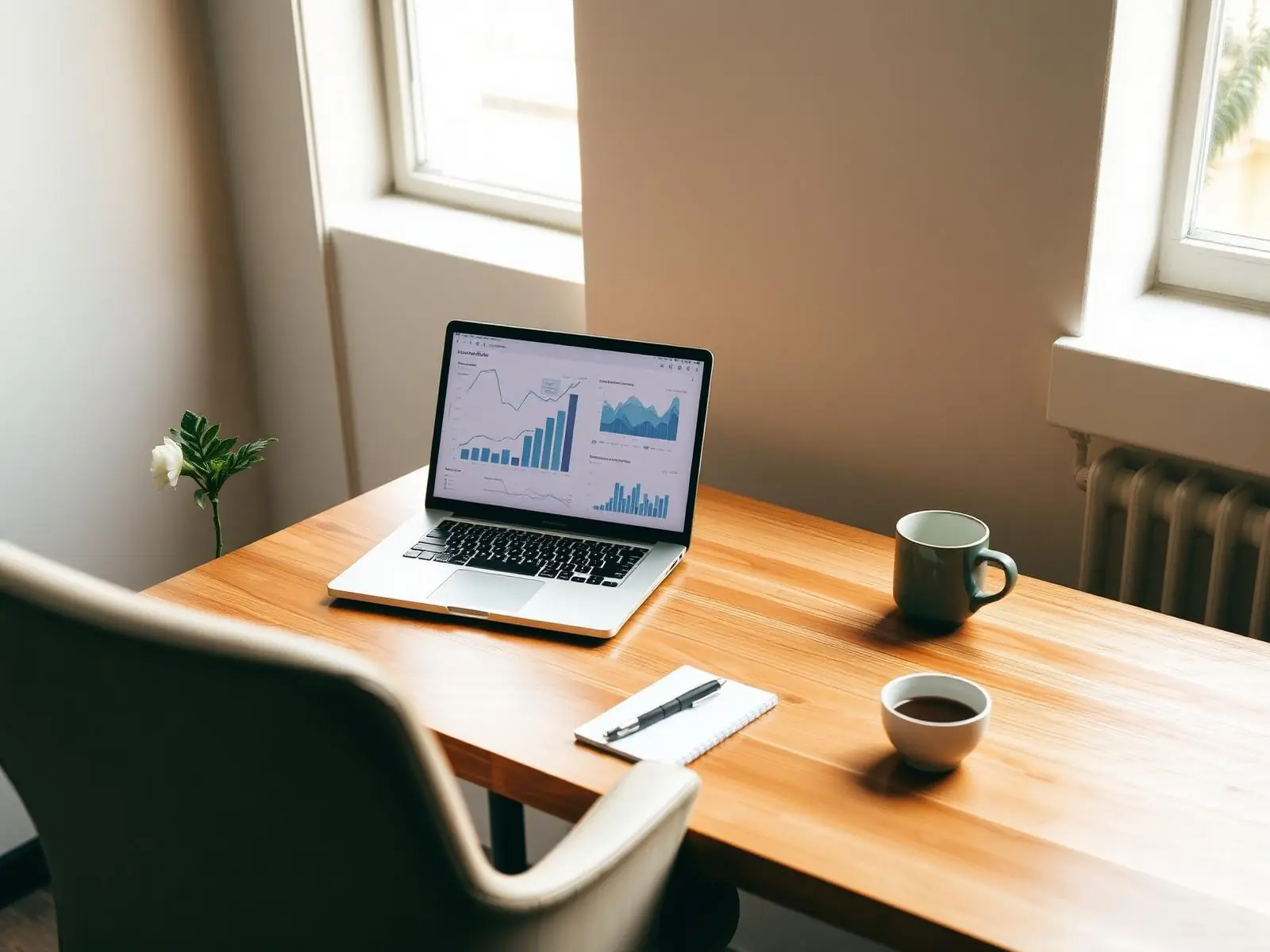 Laptop showing website analytics and charts on a clean wooden desk